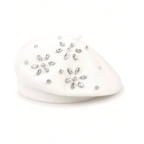 Wool Blend Rhinestone Flower Knitted Beret Cap White - Picture 1 of 3